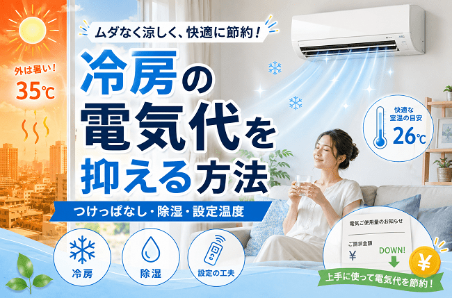 電気代を抑えながら冷房を使う方法｜つけっぱなし・除湿・設定温度の考え方のアイキャッチ画像