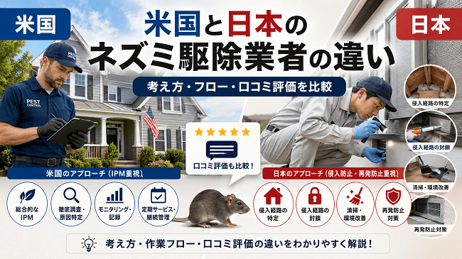 米国ではIPMや定期管理、日本では侵入口封鎖や再発防止施工が重視されやすく、ネズミ駆除業者の作業フローや口コミで評価されるポイントにも違いがあります。