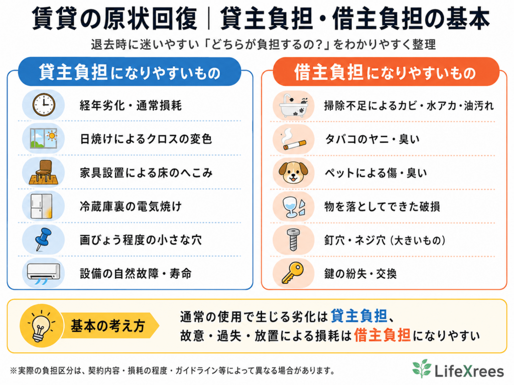 賃貸の原状回復における貸主負担と借主負担の違いをまとめた図