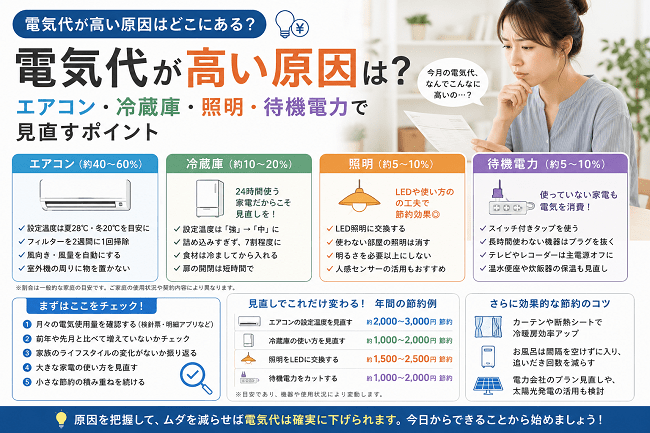 電気代が高い原因は？エアコン・冷蔵庫・照明・待機電力で見直すポイント