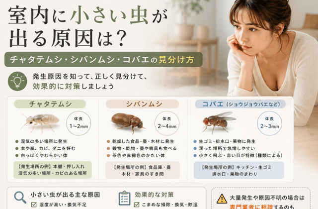 室内に小さい虫が出る原因は？チャタテムシ・シバンムシ・コバエの見分け方のアイキャッチ画像