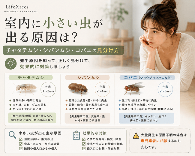 室内に小さい虫が出る原因は？チャタテムシ・シバンムシ・コバエの見分け方のアイキャッチ画像
