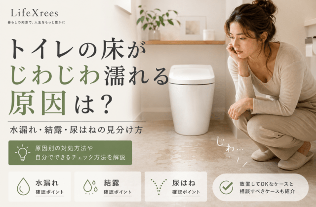 トイレの床がじわじわ濡れる原因は？水漏れ・結露・尿はねの見分け方のアイキャッチ画像