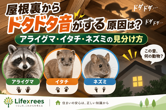 屋根裏からドタドタ音がする原因は?アライグマ・イタチ・ネズミの見分け方