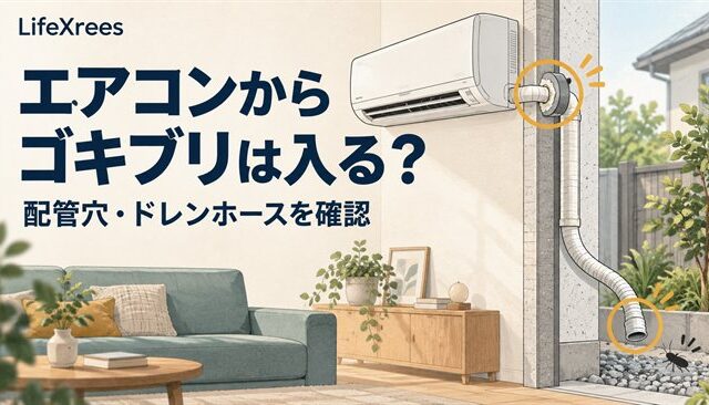 エアコンの配管穴と屋外のドレンホースを確認するイラスト