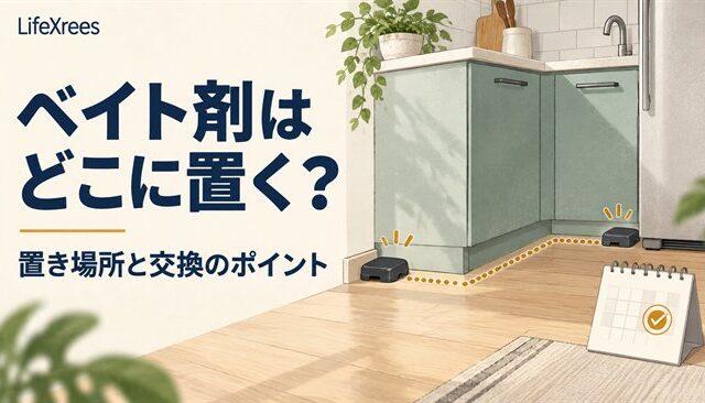 キッチンの壁際にベイト剤を配置し、交換時期を確認するイラスト