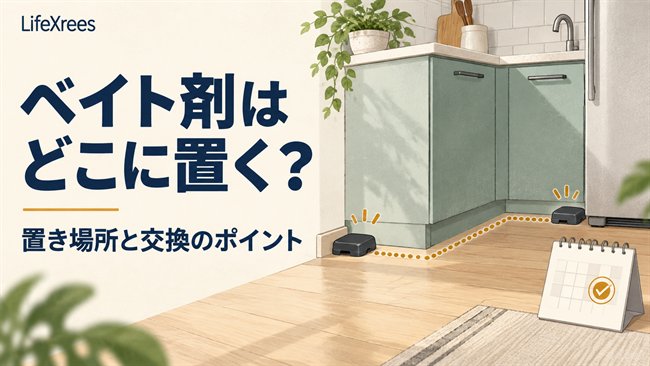 キッチンの壁際にベイト剤を配置し、交換時期を確認するイラスト