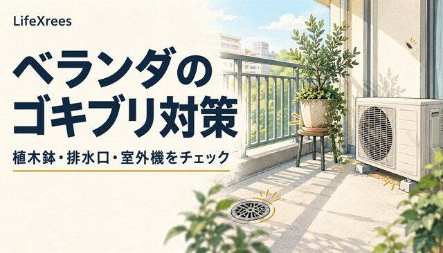 ベランダの植木鉢、排水口、室外機の周辺を確認するイラスト