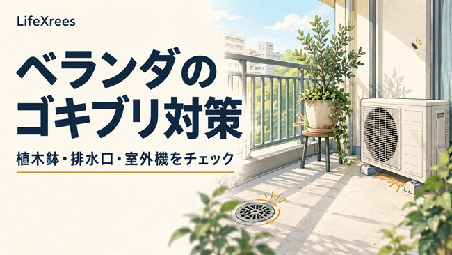 ベランダの植木鉢、排水口、室外機の周辺を確認するイラスト