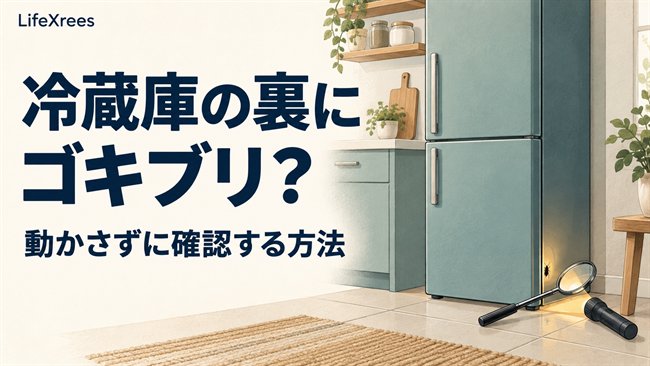 冷蔵庫を動かさずに足元の隙間をライトで確認するイラスト