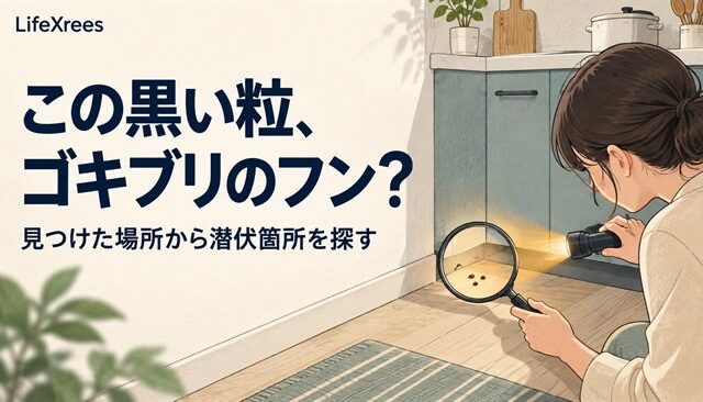 キッチンの壁際にある黒い粒をライトと虫眼鏡で確認するイラスト