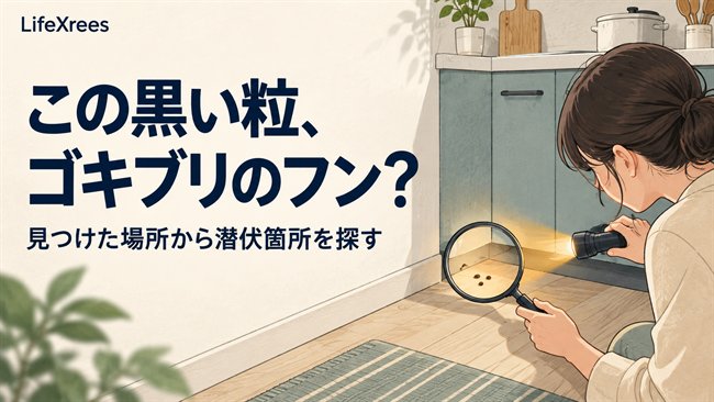 キッチンの壁際にある黒い粒をライトと虫眼鏡で確認するイラスト