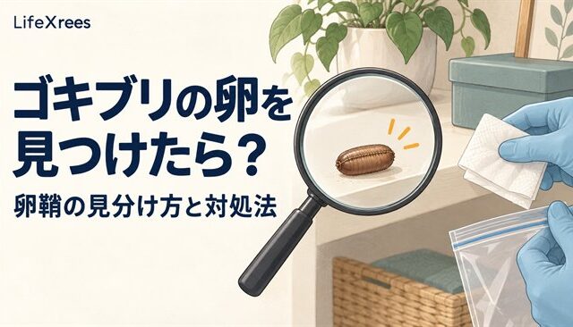 ゴキブリの卵鞘を虫眼鏡で確認し、手袋と袋を使って回収するイラスト