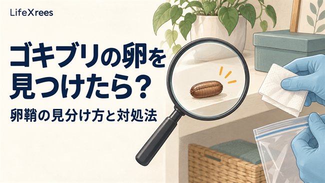 ゴキブリの卵鞘を虫眼鏡で確認し、手袋と袋を使って回収するイラスト