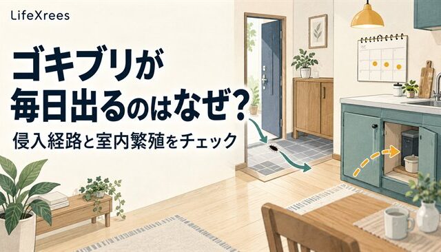 玄関からの侵入とキッチンの潜伏場所を確認するイラスト