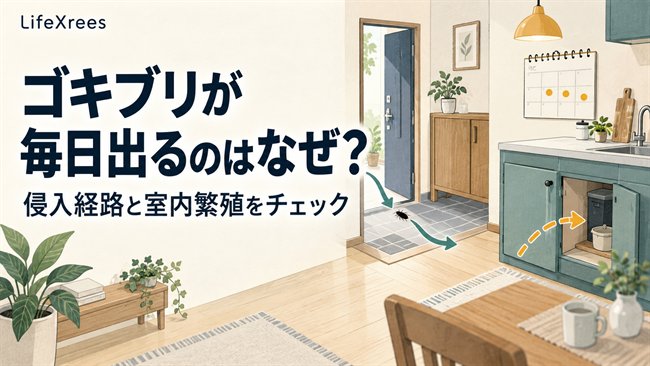 玄関からの侵入とキッチンの潜伏場所を確認するイラスト