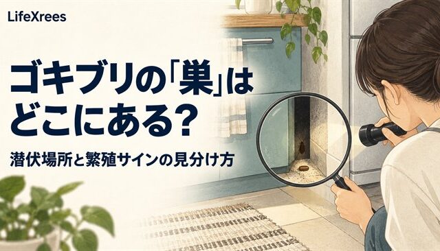 家具と壁の隙間にあるゴキブリの潜伏場所を確認するイラスト