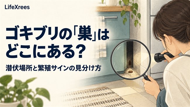家具と壁の隙間にあるゴキブリの潜伏場所を確認するイラスト