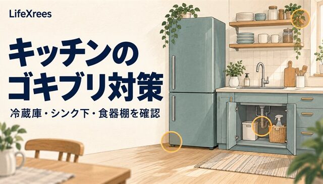 冷蔵庫の足元、シンク下、食器棚の確認箇所を示すイラスト