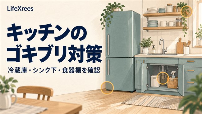 冷蔵庫の足元、シンク下、食器棚の確認箇所を示すイラスト