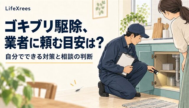 駆除業者が住人とシンク下の状況を確認するイラスト