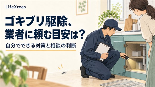 駆除業者が住人とシンク下の状況を確認するイラスト