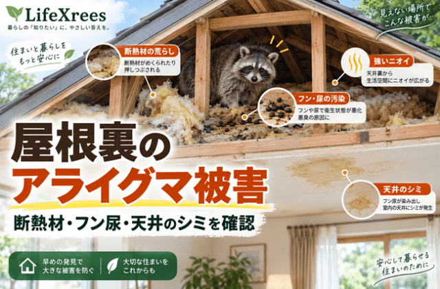アライグマが屋根裏に住み着くとどうなる？断熱材・フン尿・天井被害の進み方