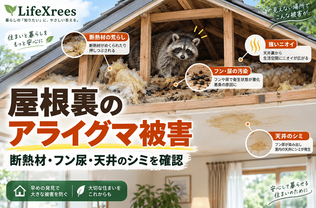 アライグマが屋根裏に住み着くとどうなる？断熱材・フン尿・天井被害の進み方