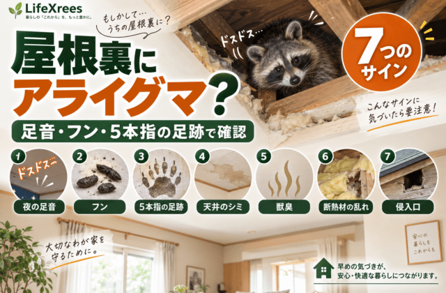 屋根裏にアライグマがいるサイン7つ｜足音・フン・5本指の足跡で見分ける方法