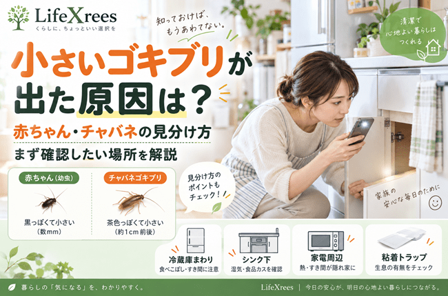 小さいゴキブリが出た原因は?赤ちゃん・チャバネゴキブリの見分け方と確認場所