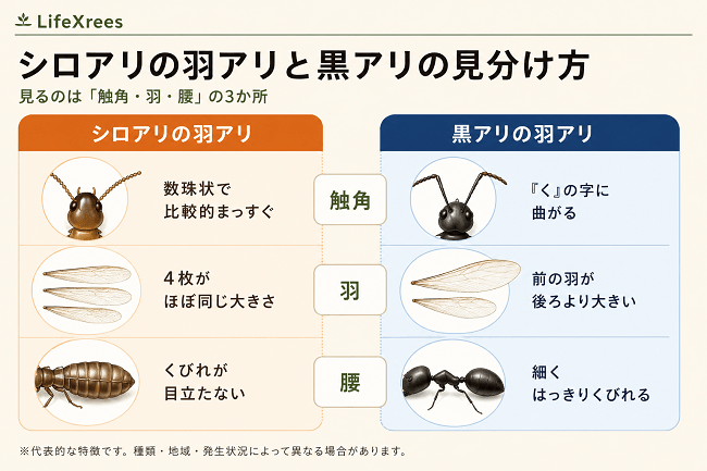 シロアリの羽アリと黒アリの触角・羽・腰の違