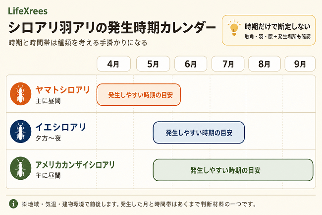 シロアリの種類別に見る羽アリの発生時期と時間帯