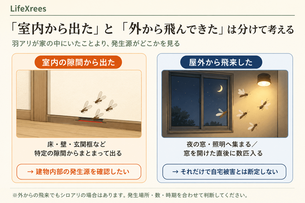 室内から発生した羽アリと屋外から飛来した羽アリの違い