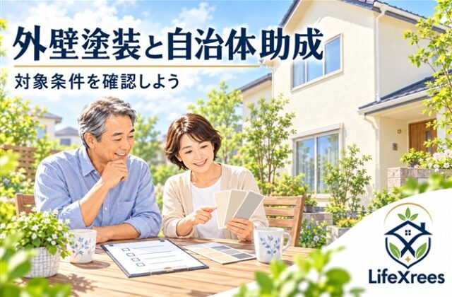 外壁塗装の補助金を調べる夫婦と住宅、LifeXreesのロゴ