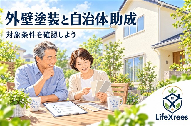 外壁塗装の補助金を調べる夫婦と住宅、LifeXreesのロゴ