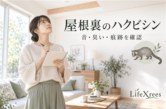 室内で天井の物音を記録する女性とハクビシンのイラスト