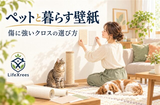 猫と犬のいる室内で表面強化クロスのサンプルを比較する女性のイラスト。LifeXrees