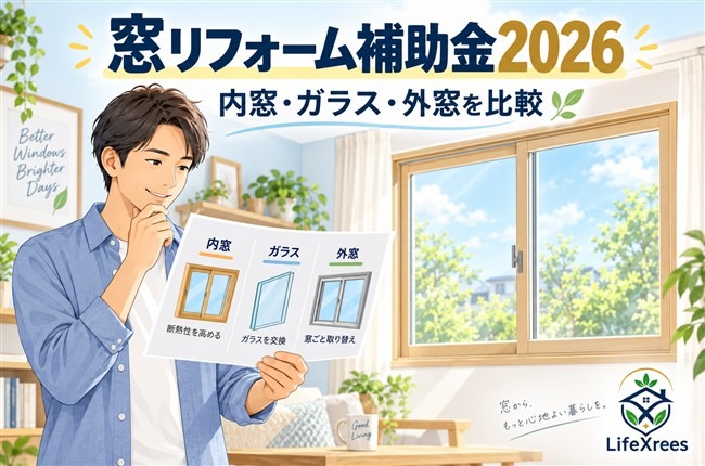 明るい窓辺で内窓・ガラス交換・外窓交換の資料を比較する男性のイラスト